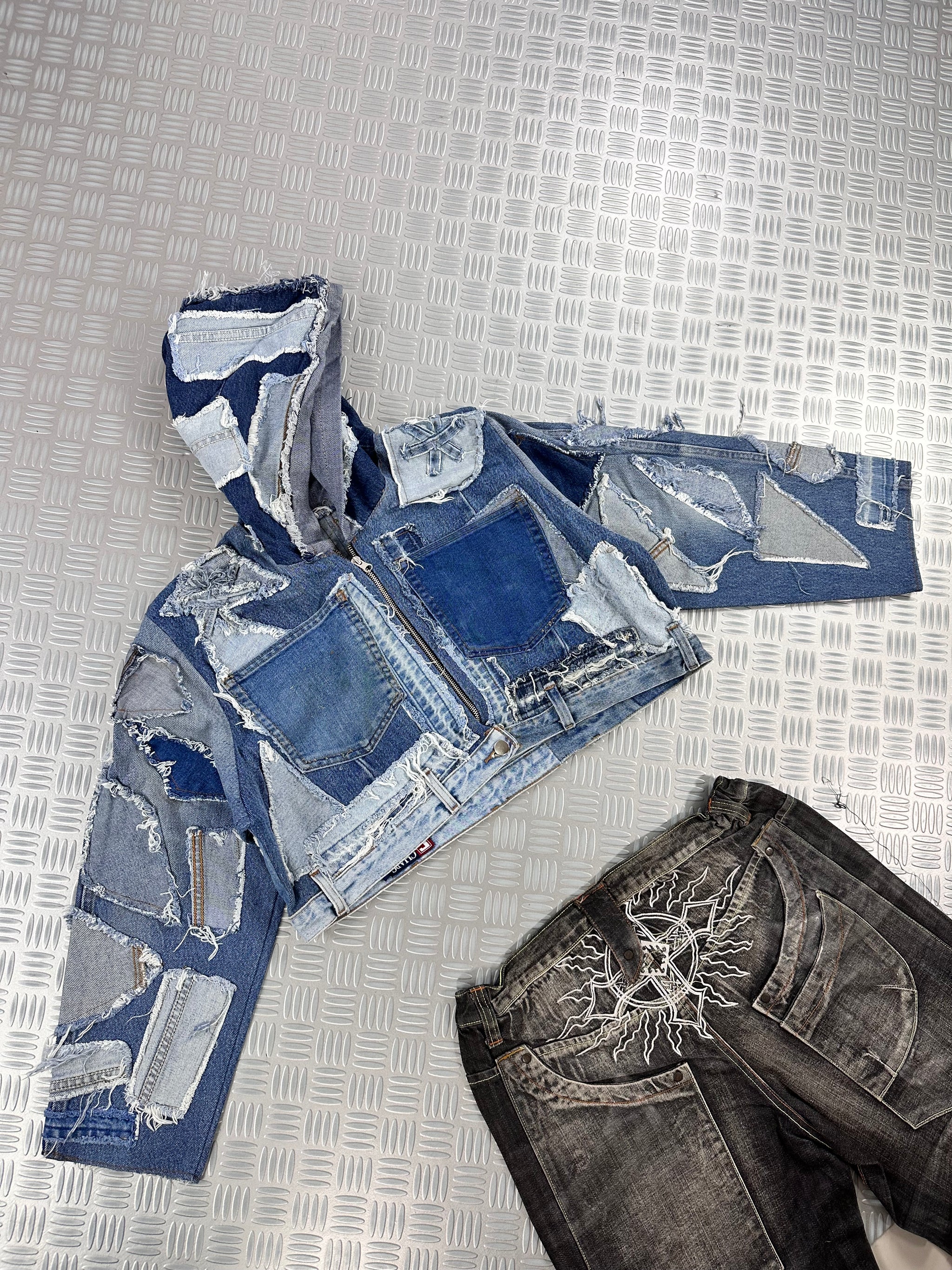 Hooded cropped bomber jacket handmade patchwork upcycled