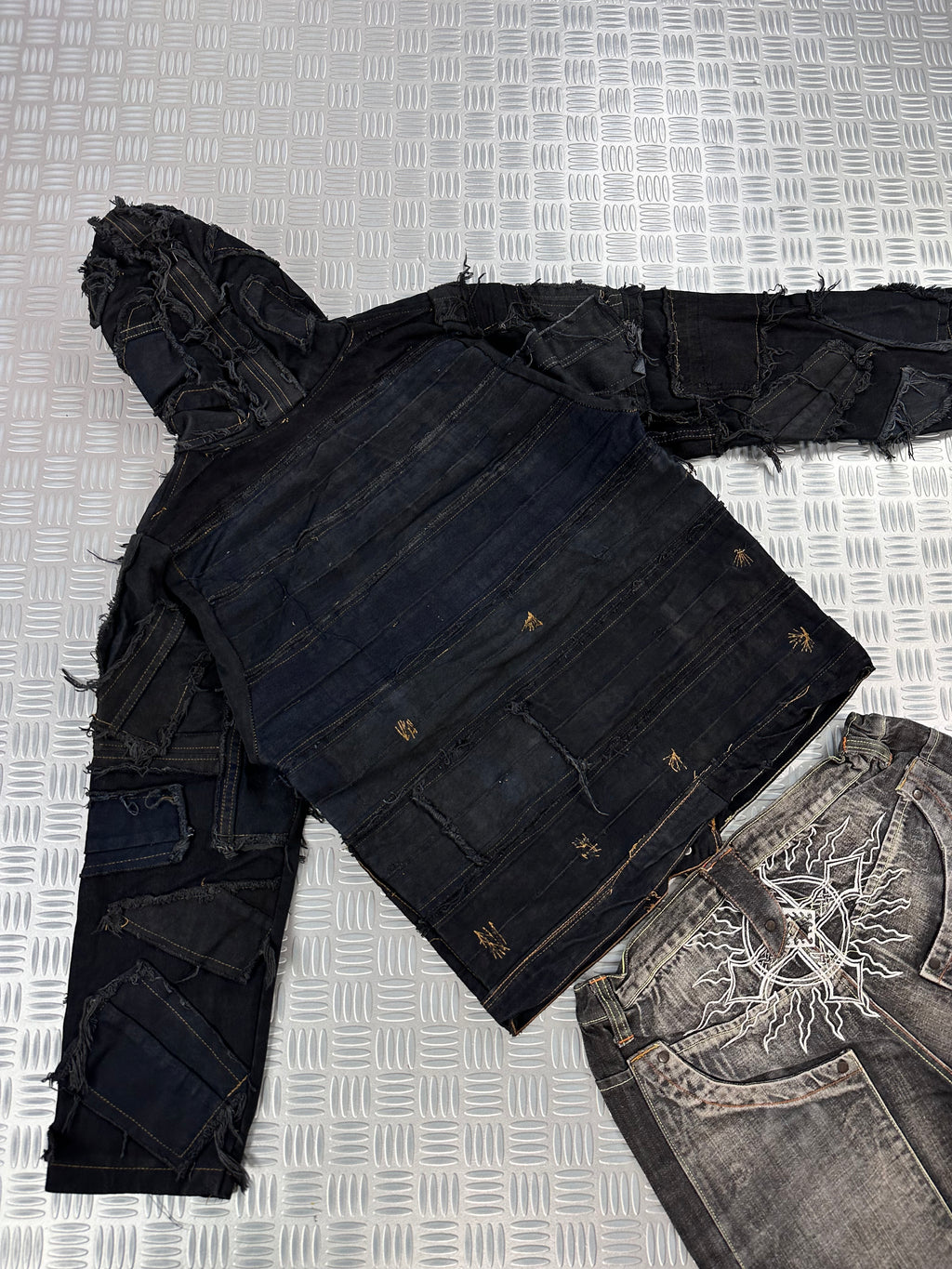 Hooded full zip up bomber jacket boxy fit upcycled patchwork