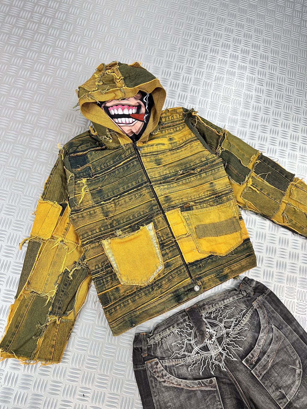 Hooded bomber jacket handmade boxy fit upcycled patchwork