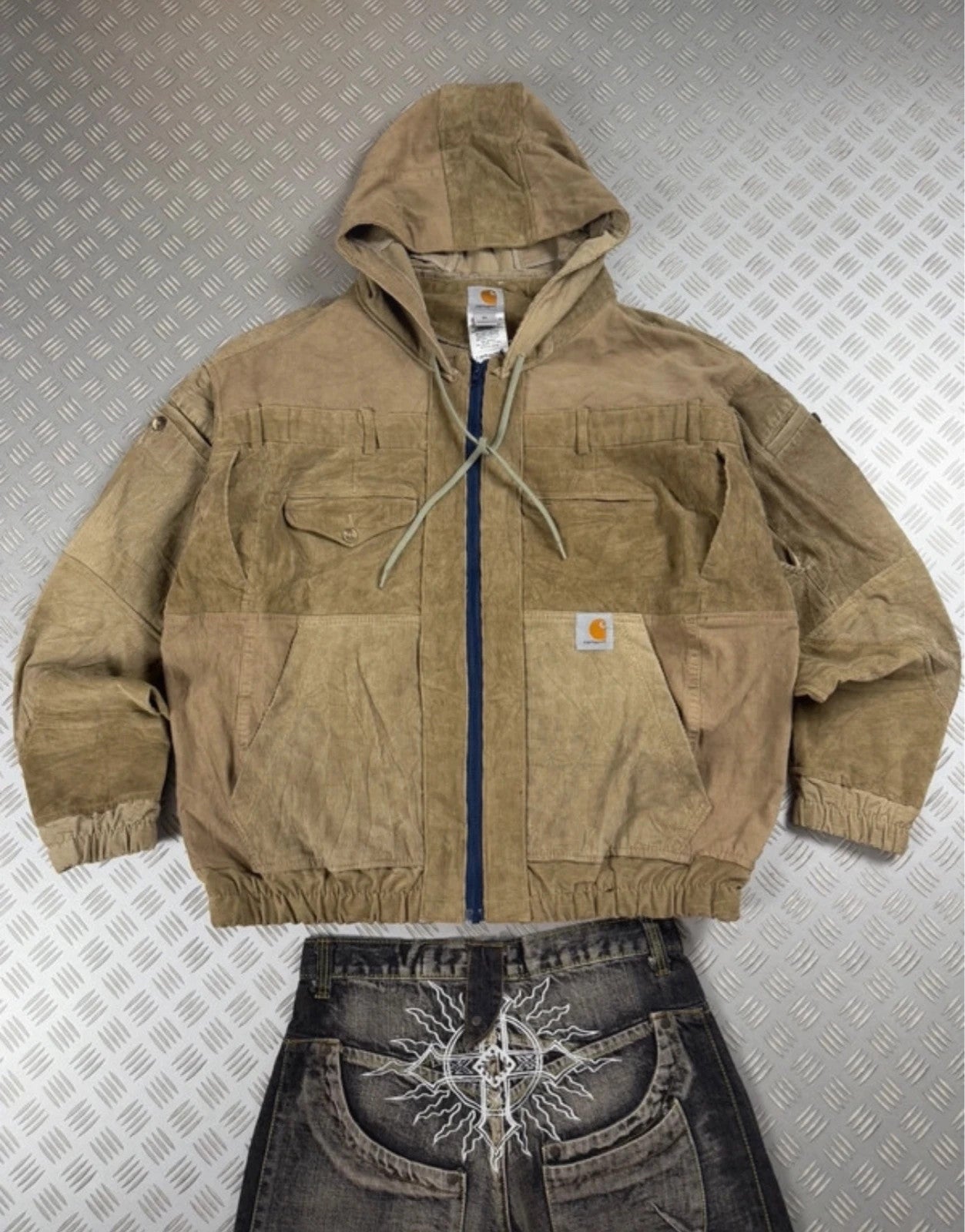 Y2k bomber Hooded full zip Up Jacket Carhartt boxy fit courdoy 2000s handmade