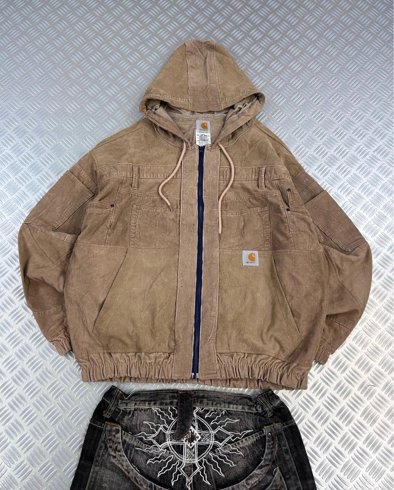 Y2k bomber Hooded full zip Up Jacket Carhartt courdoy boxy fit 2000s handmade