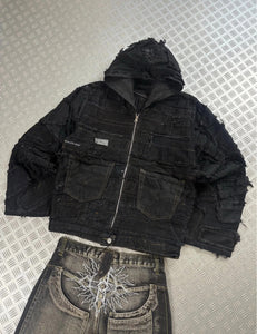 Y2k bomber Hooded full zip Up Jacket patchwork boxy fit handmade 00s
