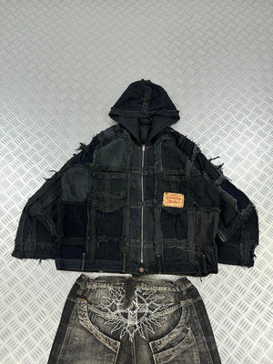 Vintage Hip Hop y2k Patchwork full zip Up Hooded Jacket 2000s Handmade boxy fit