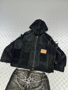 Vintage Hip Hop y2k Patchwork full zip Up Hooded Jacket 2000s Handmade boxy fit
