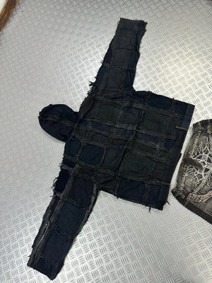 Vintage Hip Hop y2k Patchwork full zip Up Hooded Jacket 2000s Handmade boxy fit