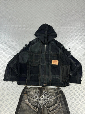 Vintage Hip Hop y2k Patchwork full zip Up Hooded Jacket 2000s Handmade boxy fit