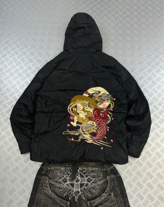 Vintage Sukajan Souvenir Karakuri Tamashi Y2k Hip Hop Japanese Full zip Up Hooded Jacket 90s