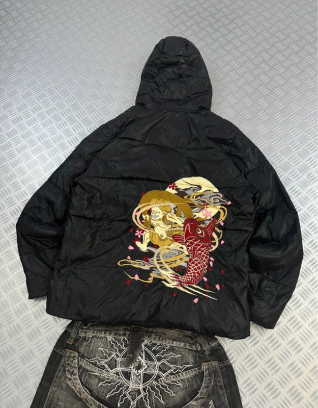 Vintage Sukajan Souvenir Karakuri Tamashi Y2k Hip Hop Japanese Full zip Up Hooded Jacket 90s