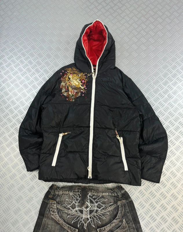 Vintage Sukajan Souvenir Karakuri Tamashi Y2k Hip Hop Japanese Full zip Up Hooded Jacket 90s