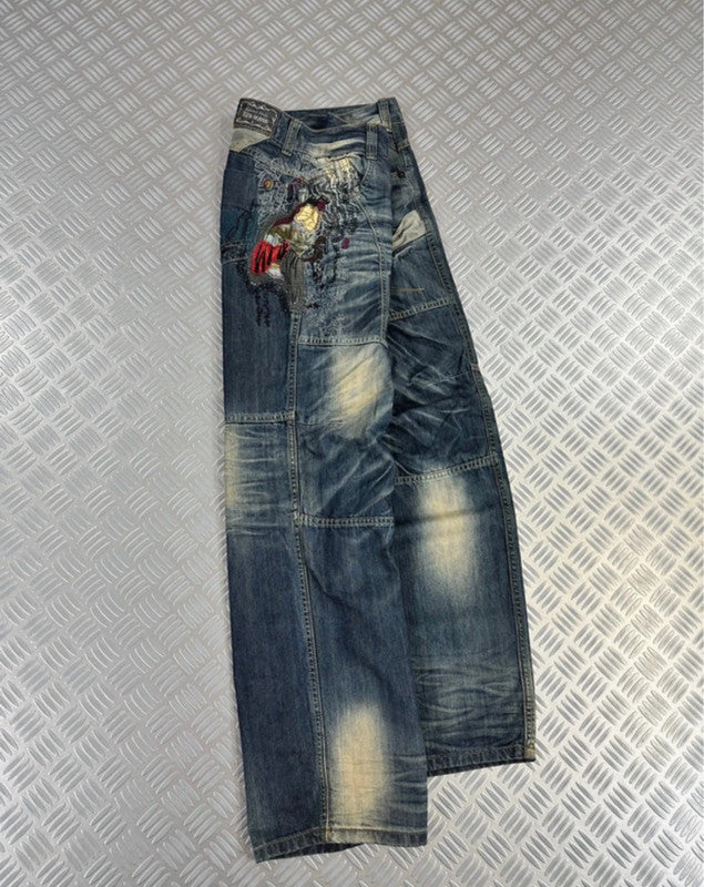 Vintage i2n y2k Japanese Souvenir Sukajan Jeans 2000s karakuri tamashi style