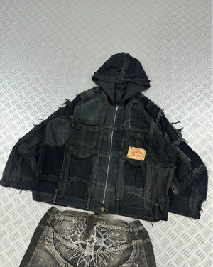 Vintage Hip Hop y2k Patchwork full zip Up Hooded Jacket 2000s Handmade boxy fit