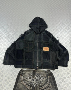 Vintage Hip Hop y2k Patchwork full zip Up Hooded Jacket 2000s Handmade boxy fit