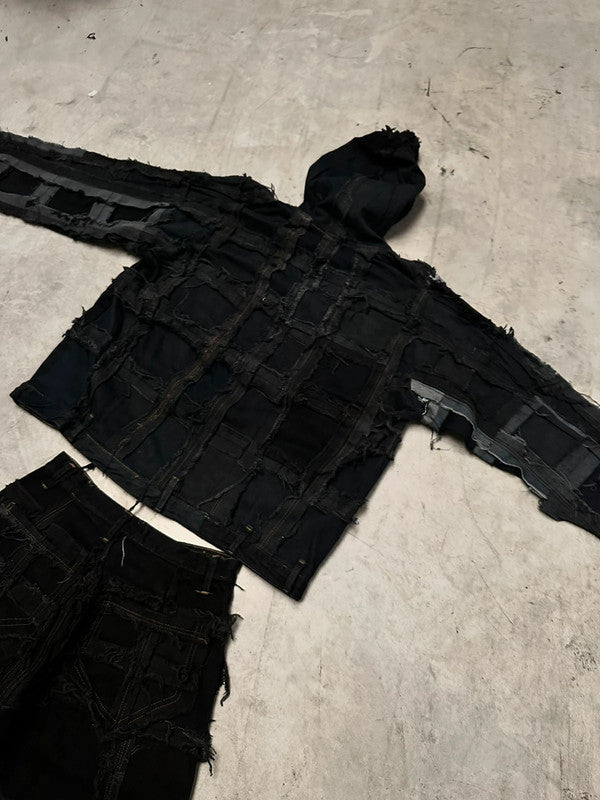 Vintage Patchwork full zip Up Hooded Jacket 2000s boxy fit handmade