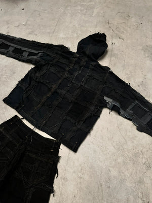 Vintage Patchwork full zip Up Hooded Jacket 2000s boxy fit handmade