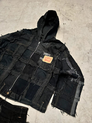 Vintage Patchwork full zip Up Hooded Jacket 2000s boxy fit handmade