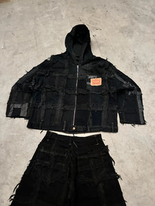 Vintage Patchwork full zip Up Hooded Jacket 2000s boxy fit handmade