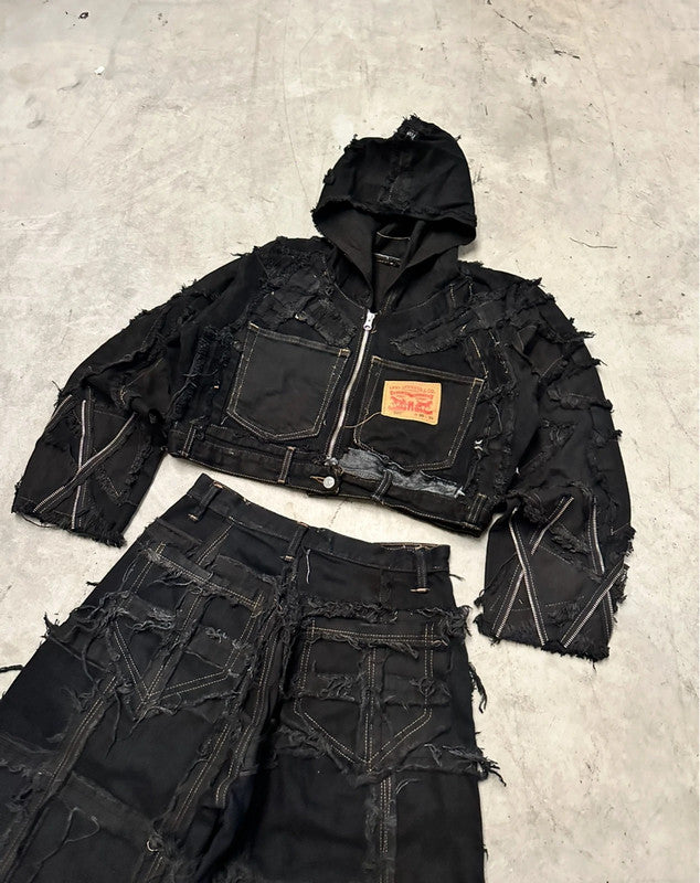 Vintage y2k Patchwork Hooded full zip Up Jacket crop fit handmade 00s