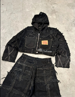 Vintage y2k Patchwork Hooded full zip Up Jacket boxy fit handmade 00s