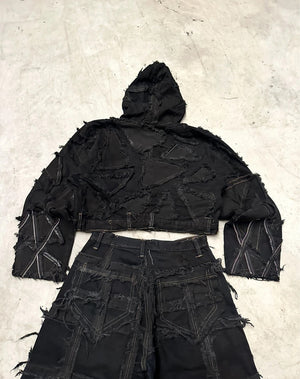 Vintage y2k Patchwork Hooded full zip Up Jacket boxy fit handmade 00s