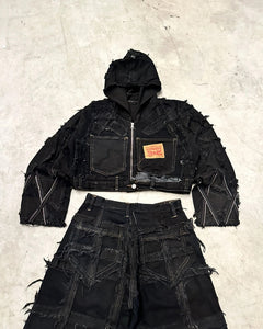 Vintage y2k Patchwork Hooded full zip Up Jacket boxy fit handmade 00s