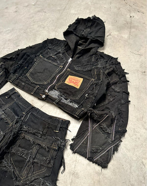 Vintage y2k Patchwork Hooded full zip Up Jacket boxy fit handmade 00s