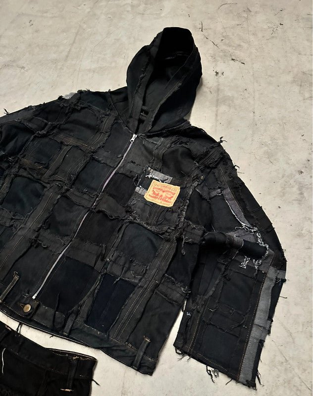 Vintage Patchwork y2k Hooded full zip Up Jacket handmade boxy fit 00s