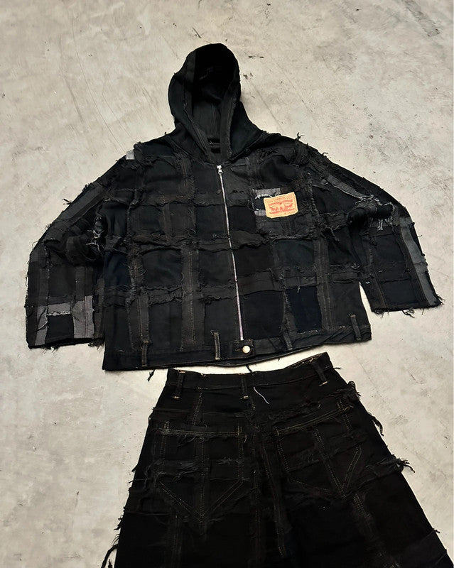 Vintage Patchwork y2k Hooded full zip Up Jacket handmade boxy fit 00s