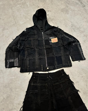 Vintage Patchwork y2k Hooded full zip Up Jacket handmade boxy fit 00s
