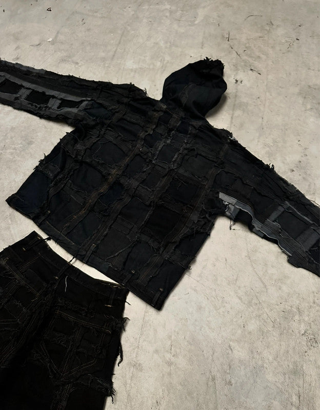 Vintage Patchwork y2k Hooded full zip Up Jacket handmade boxy fit 00s