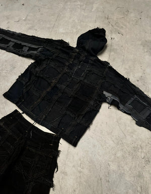 Vintage Patchwork y2k Hooded full zip Up Jacket handmade boxy fit 00s