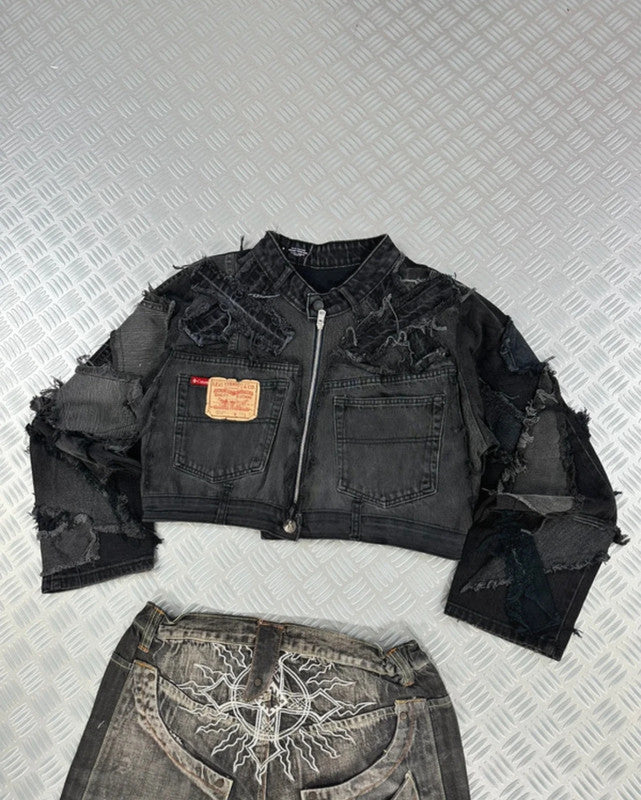 Vintage Patchwork y2k Hip hop full zip Up Jacket 00s Handmade boxy fit