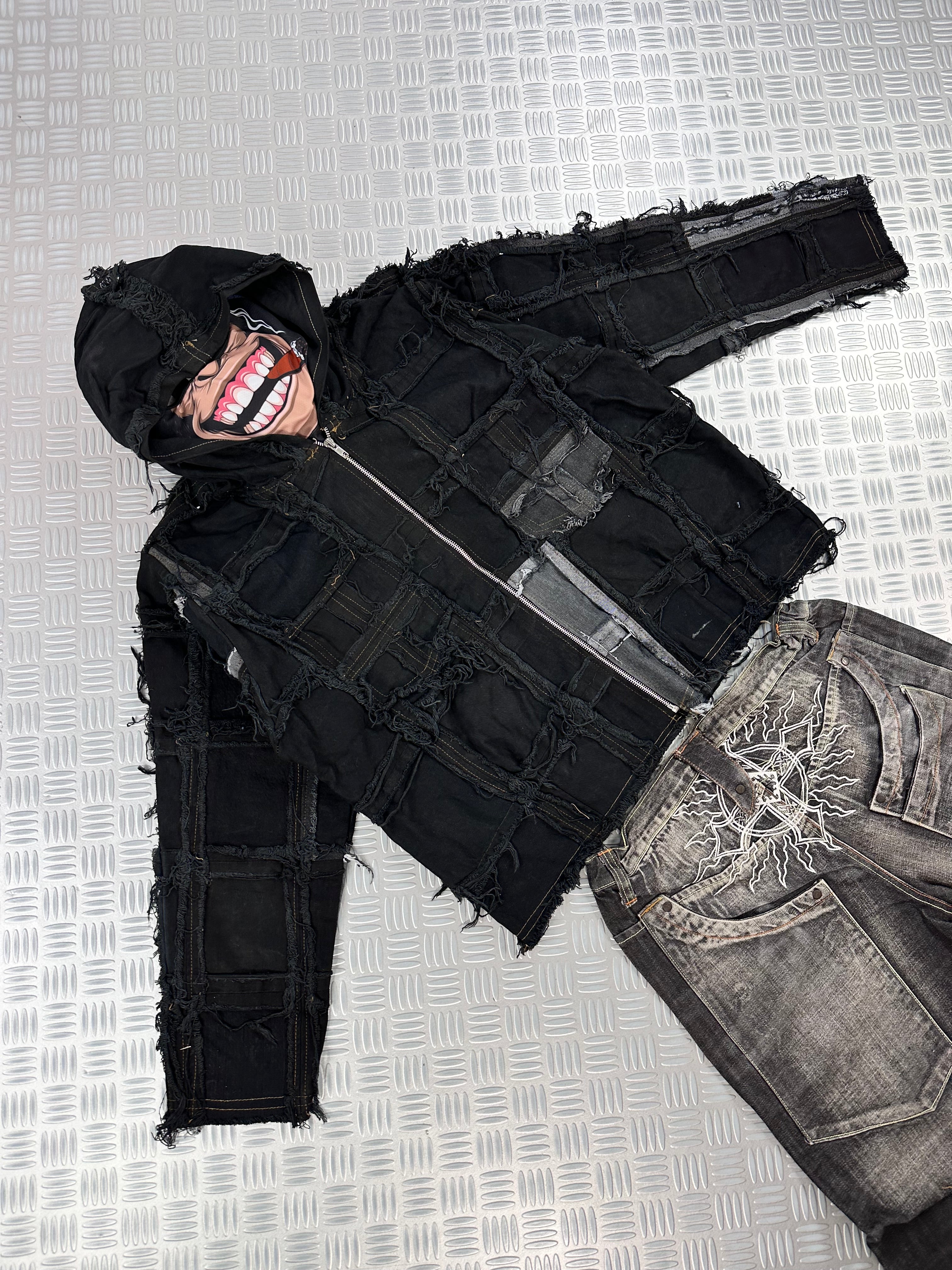 Vintage Patchwork y2k Hooded full zip Up Jacket handmade boxy fit 00s