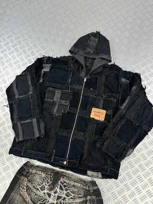 Bomber hooded full zip jacket handmade patchwork (M)