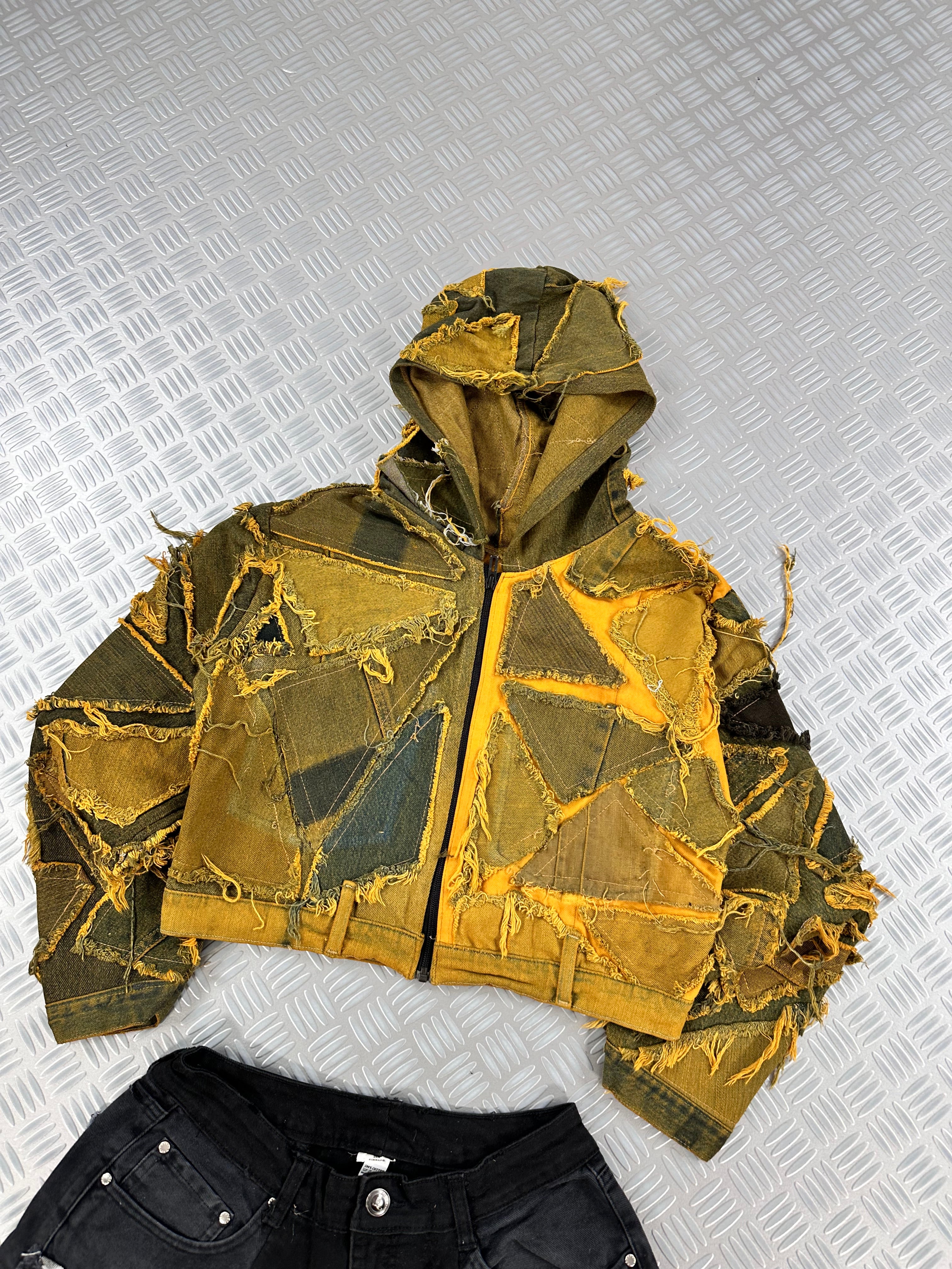 Vintage Hip Hip y2k Hooded full zip Up crop Jacket 2000s patchwork