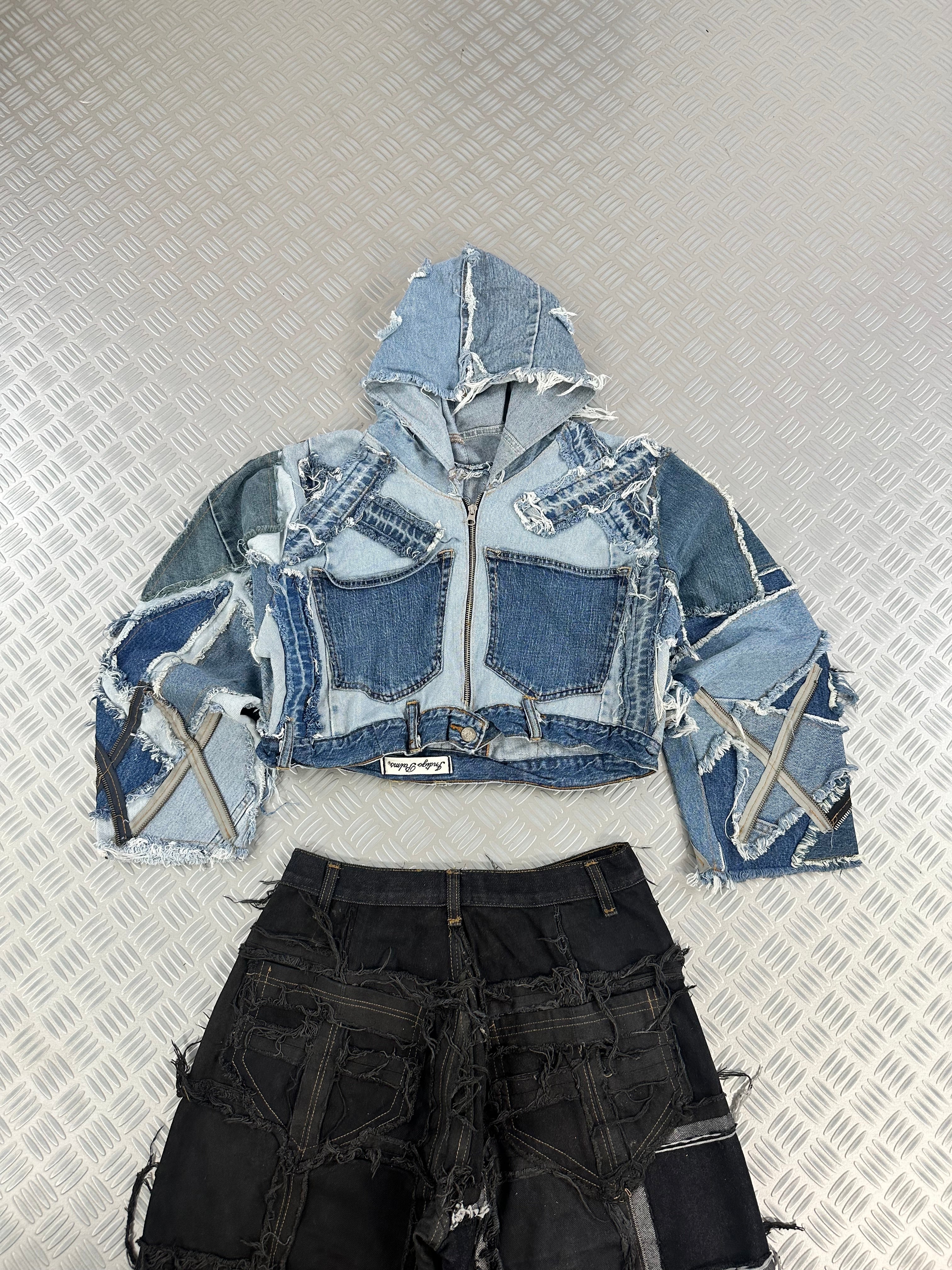 Hooded cropped bomber jacket handmade patchwork upcycled