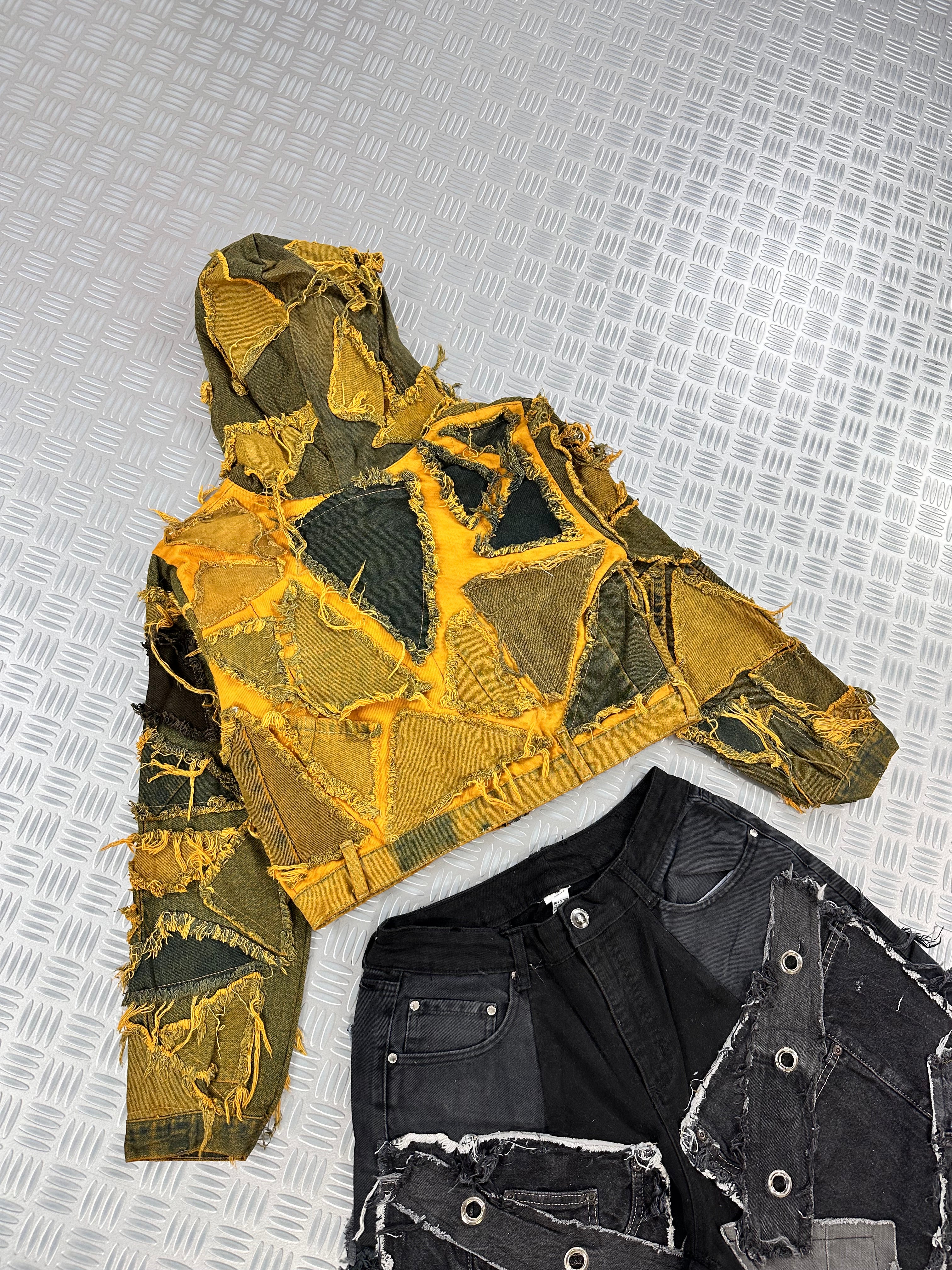 Vintage Hip Hip y2k Hooded full zip Up crop Jacket 2000s patchwork