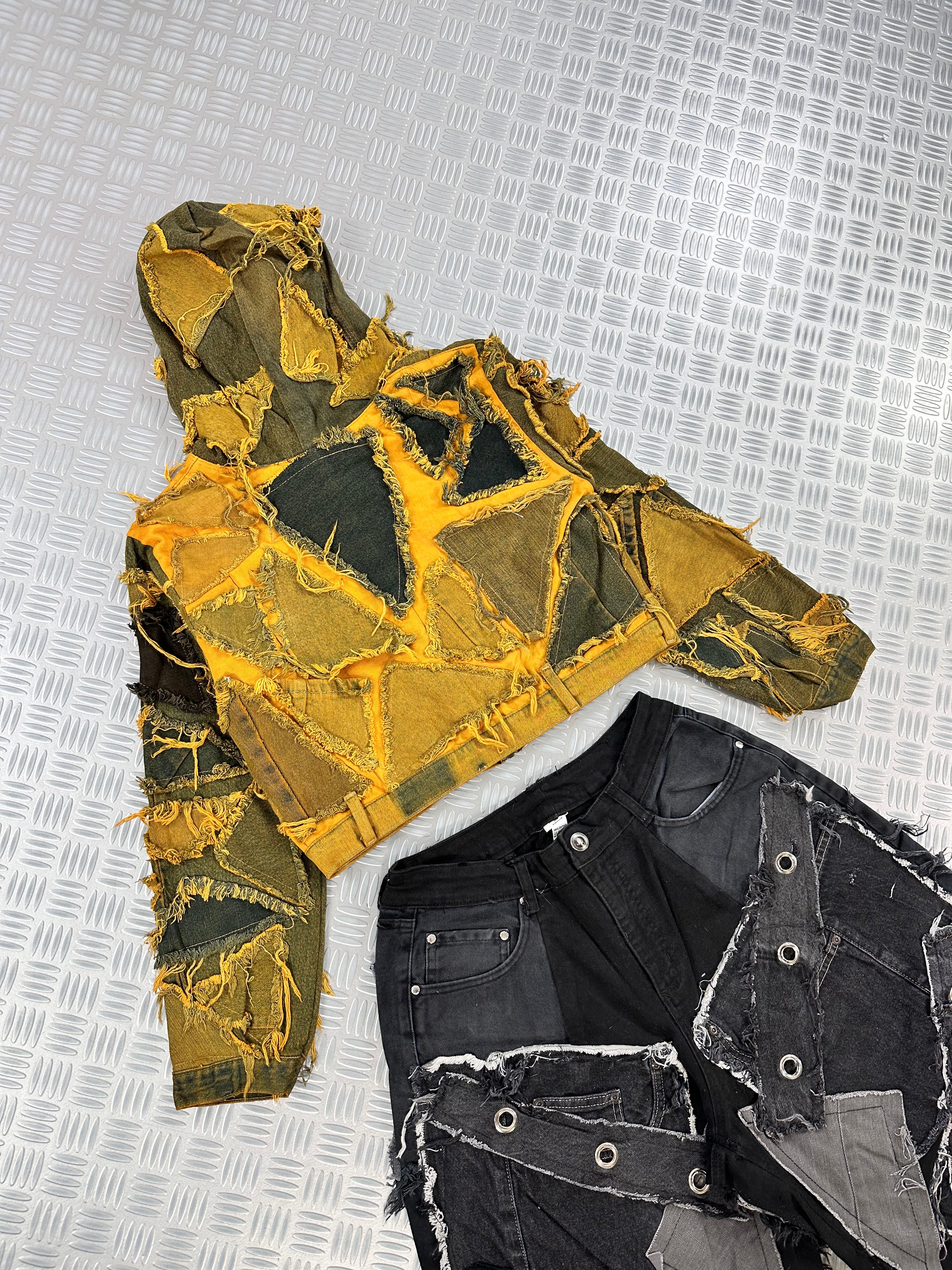 Vintage Hip Hip y2k Hooded full zip Up crop Jacket 2000s patchwork