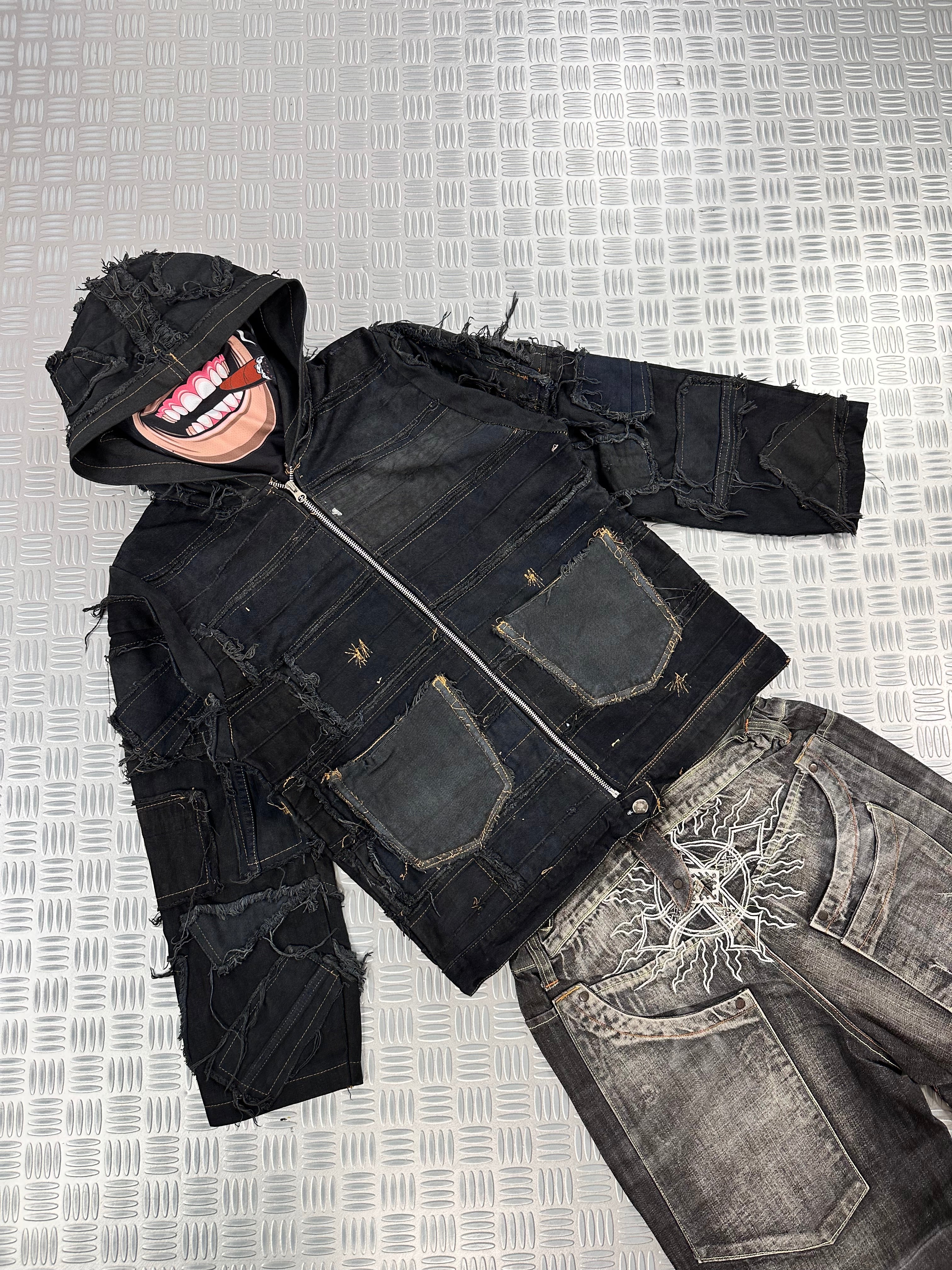 Hooded full zip up bomber jacket boxy fit upcycled patchwork