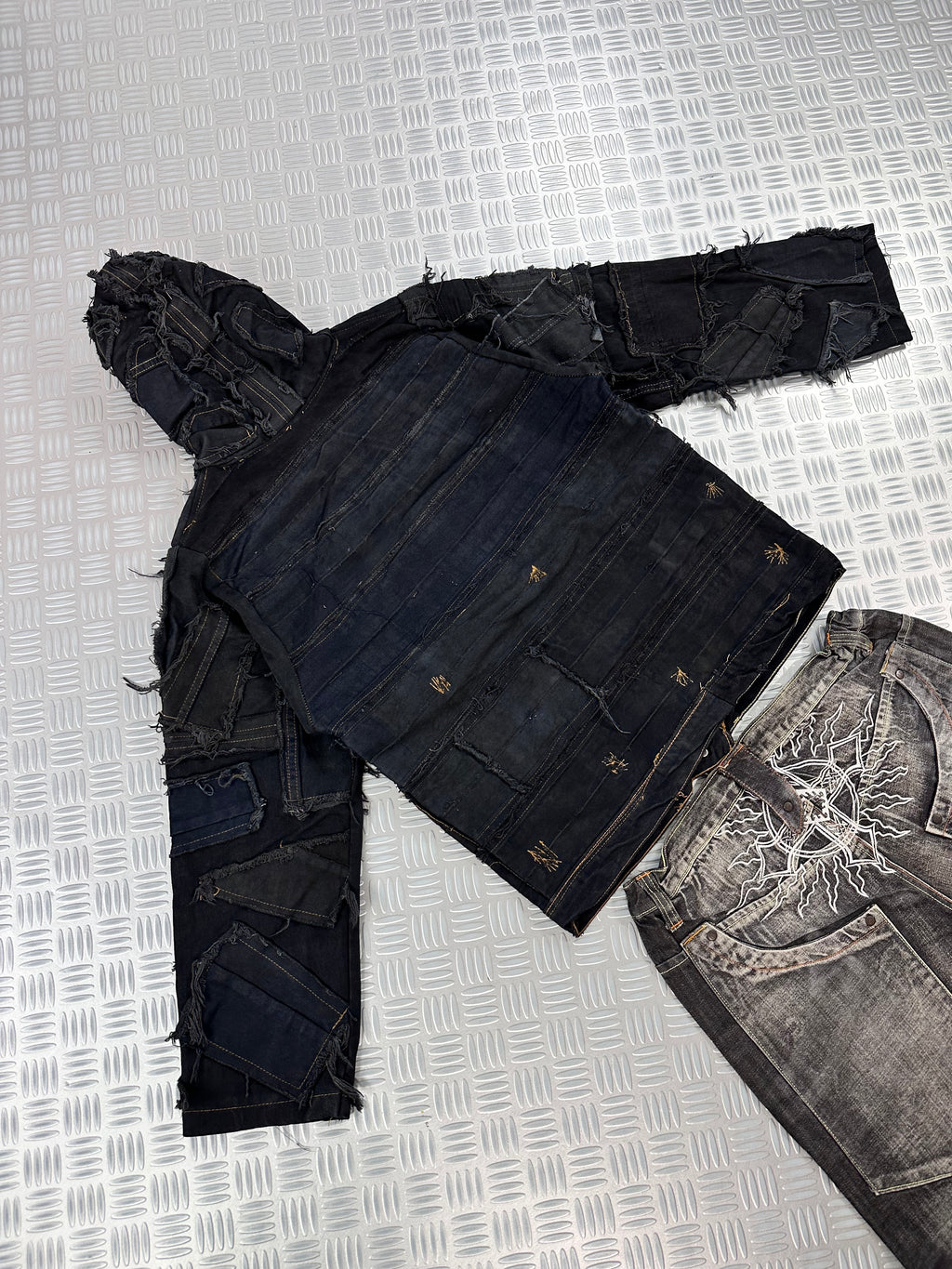Hooded full zip up bomber jacket boxy fit upcycled patchwork