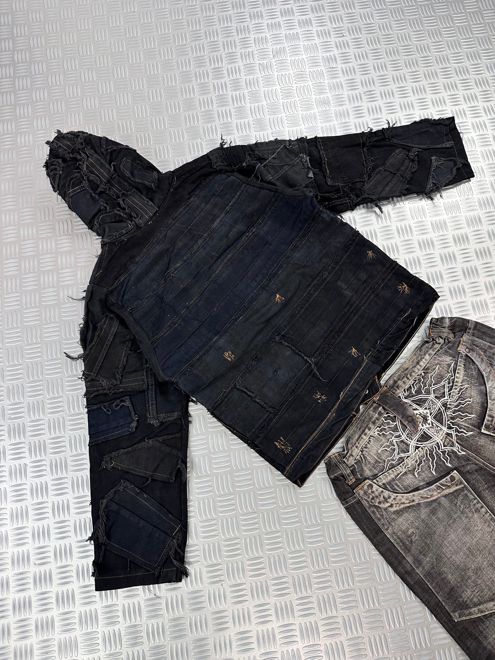 Hooded full zip up bomber jacket boxy fit upcycled patchwork