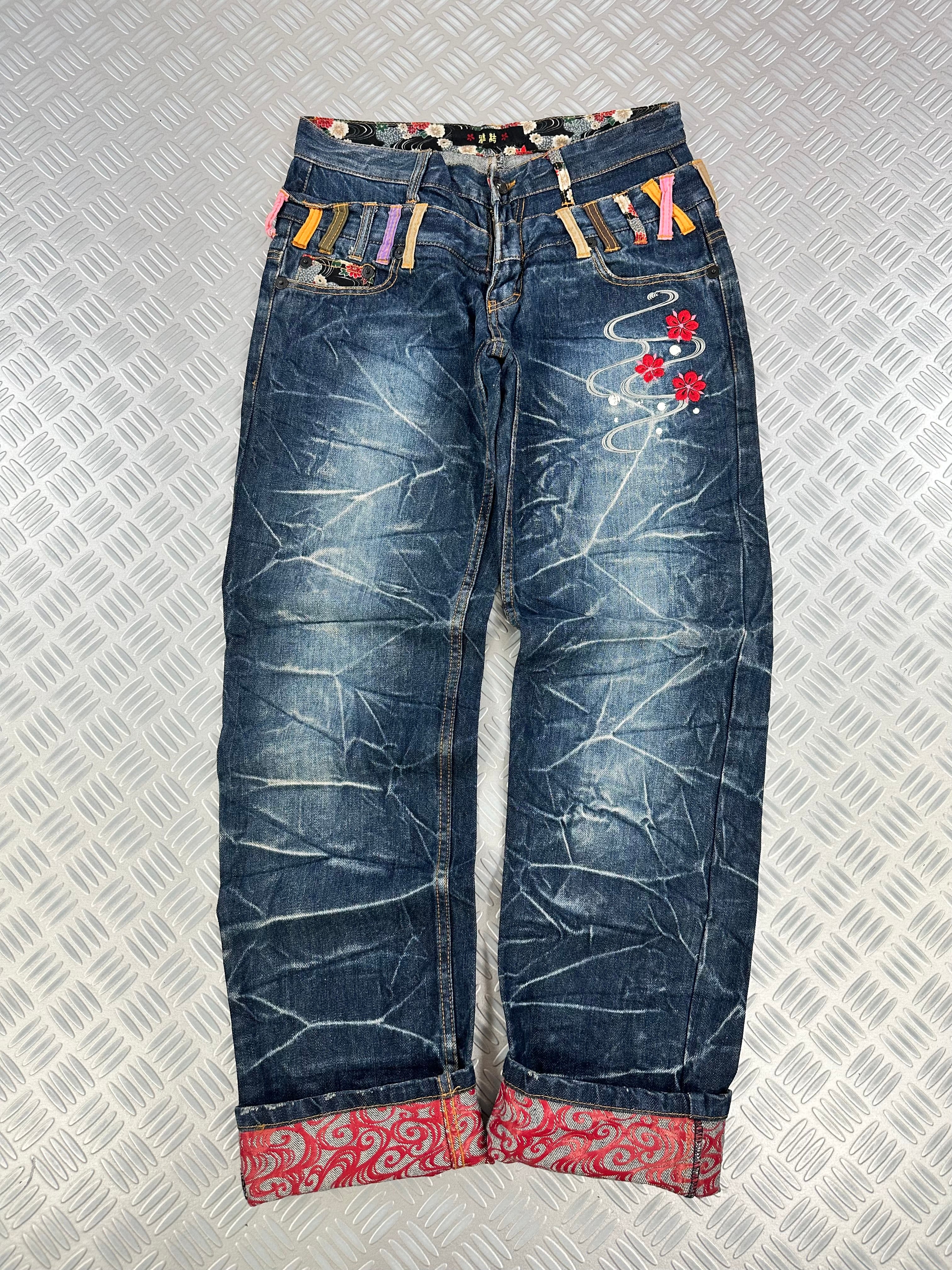 2000´s  karakuri tamashi Double waist japanese jeans vintage  (S)