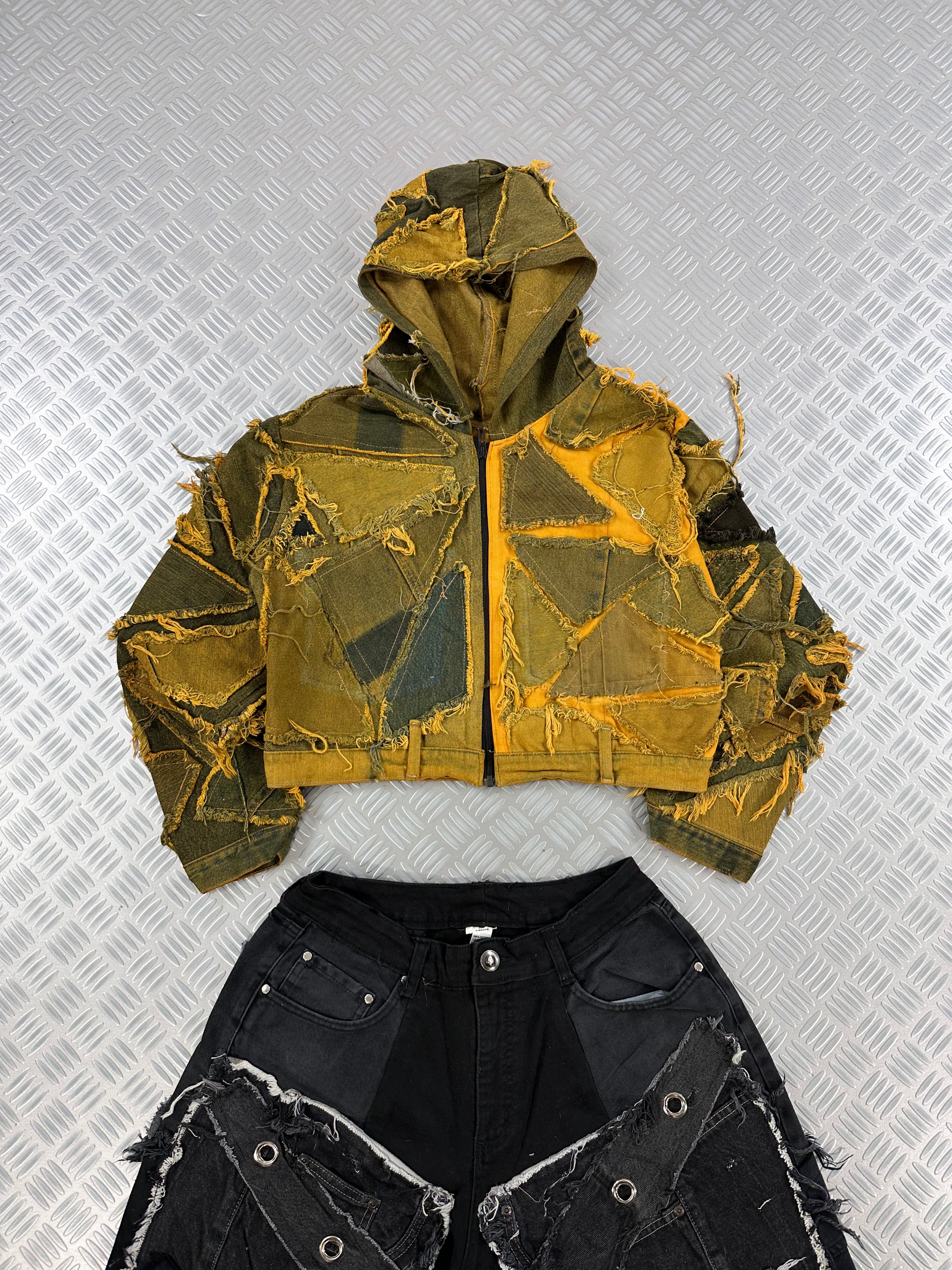 Vintage Hip Hip y2k Hooded full zip Up crop Jacket 2000s patchwork