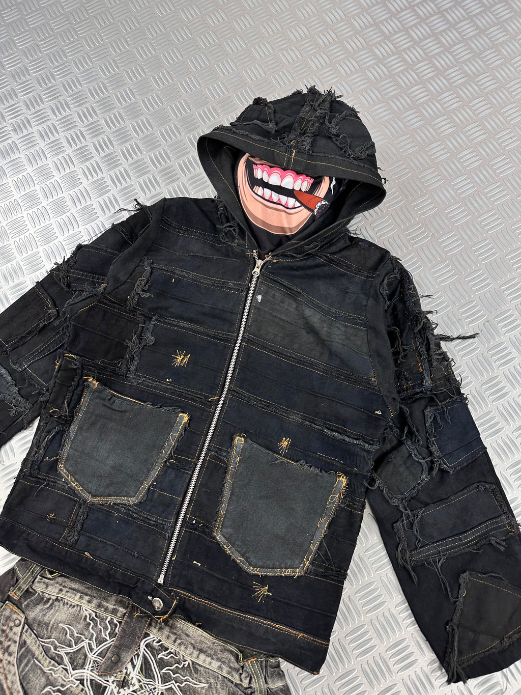 Hooded full zip up bomber jacket boxy fit upcycled patchwork