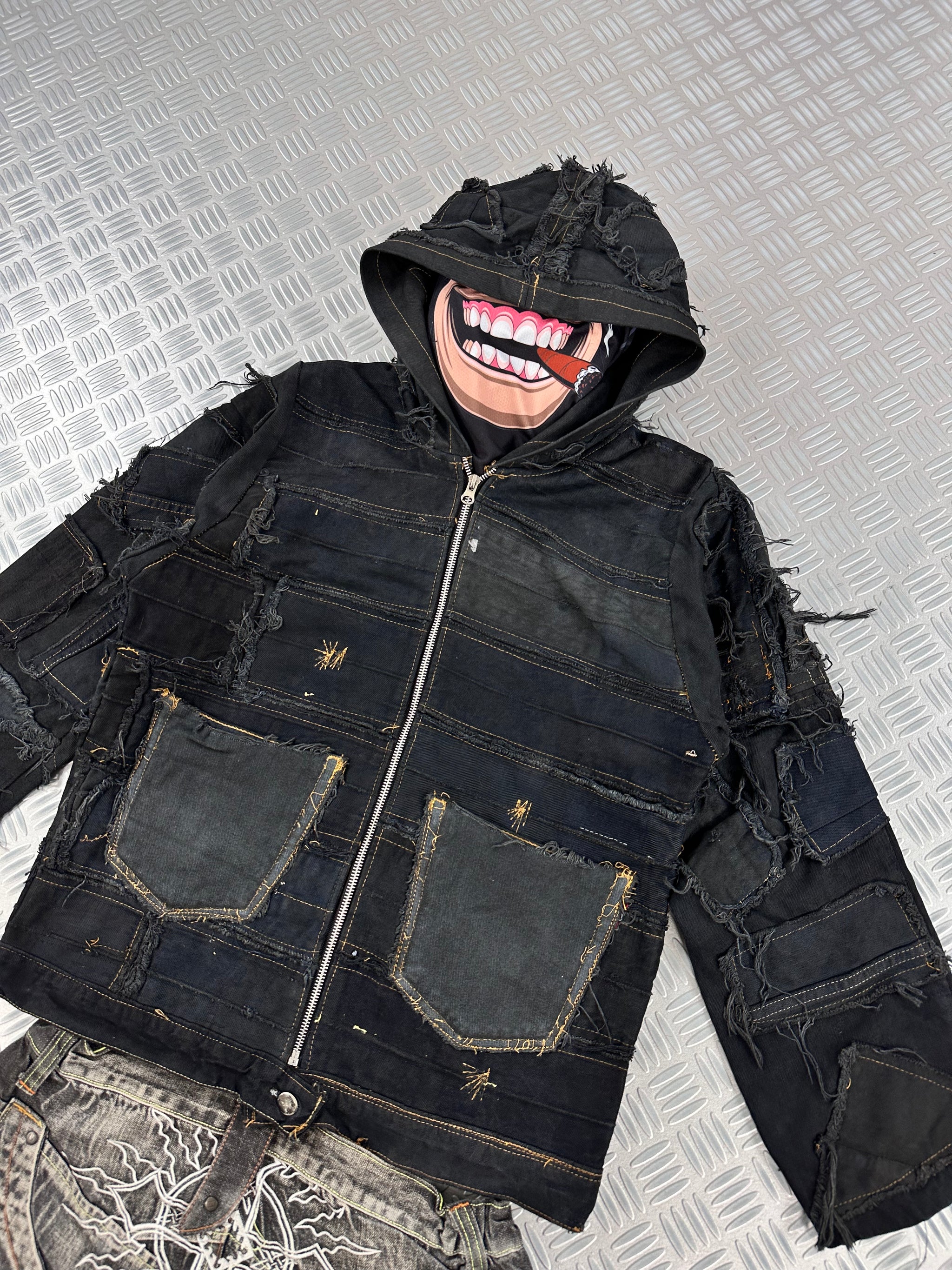 Hooded full zip up bomber jacket boxy fit upcycled patchwork