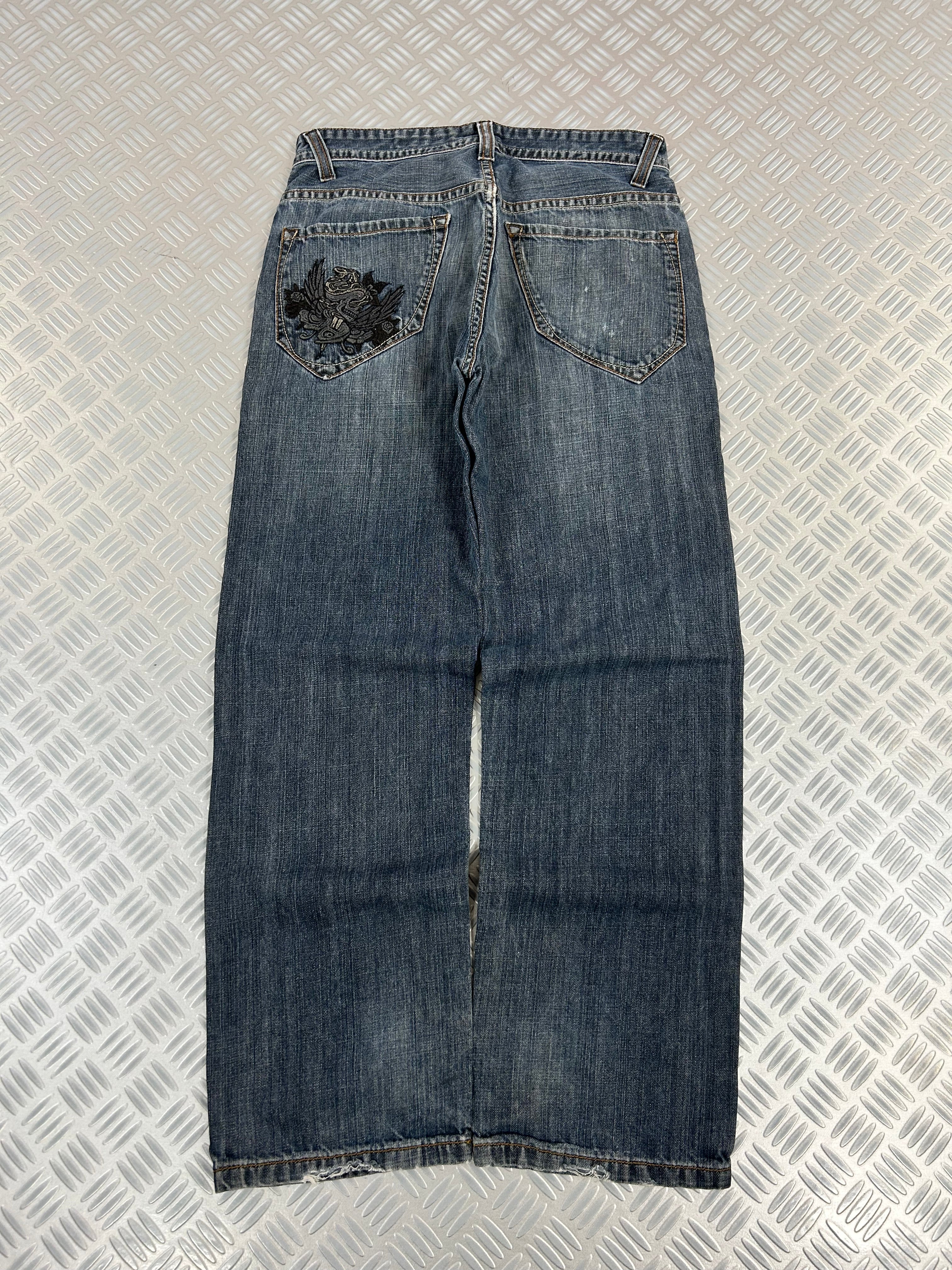 Y2K Japanese bootcut jeans embroidered row denim (M)
