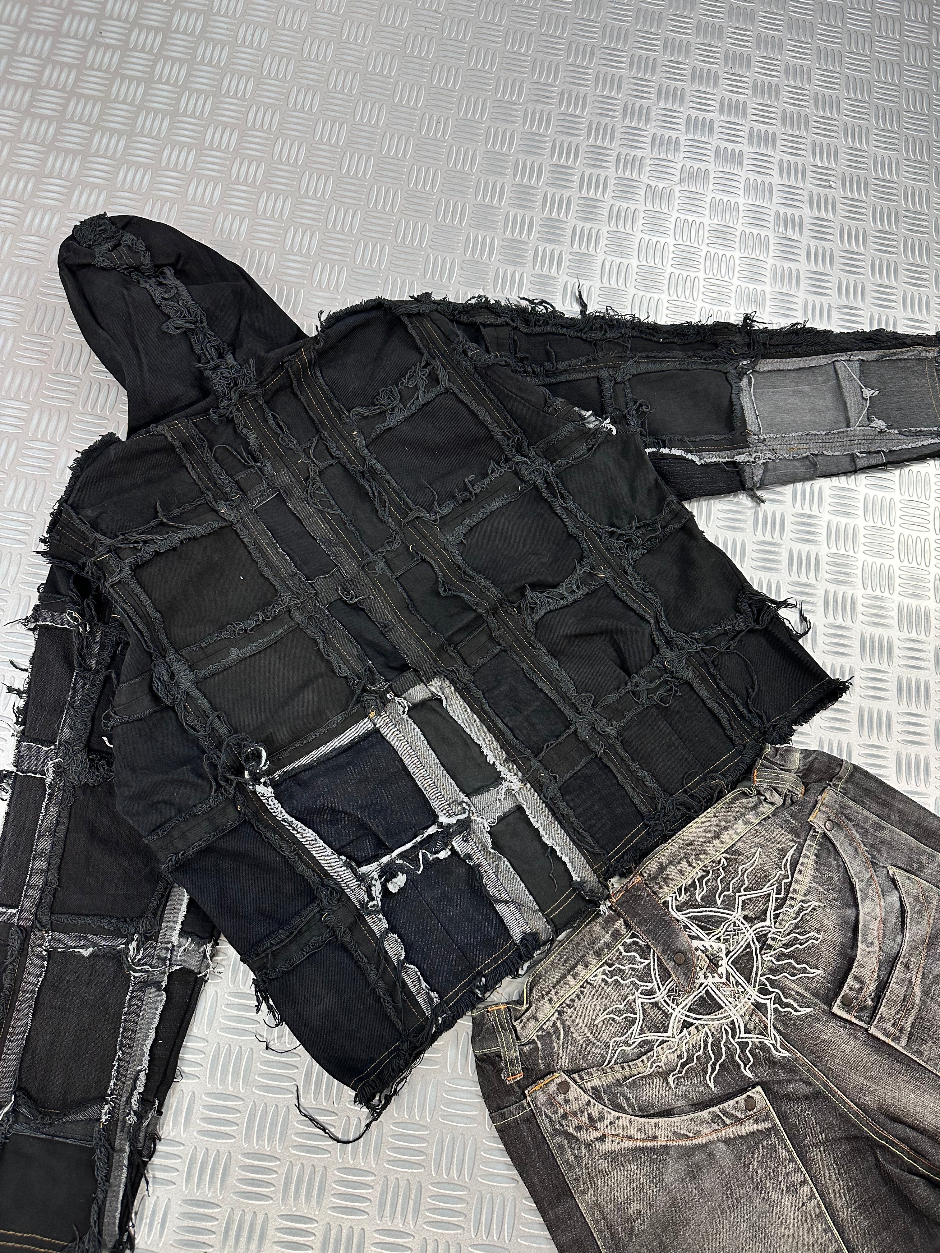 Vintage Patchwork y2k Hooded full zip Up Jacket handmade boxy fit 00s