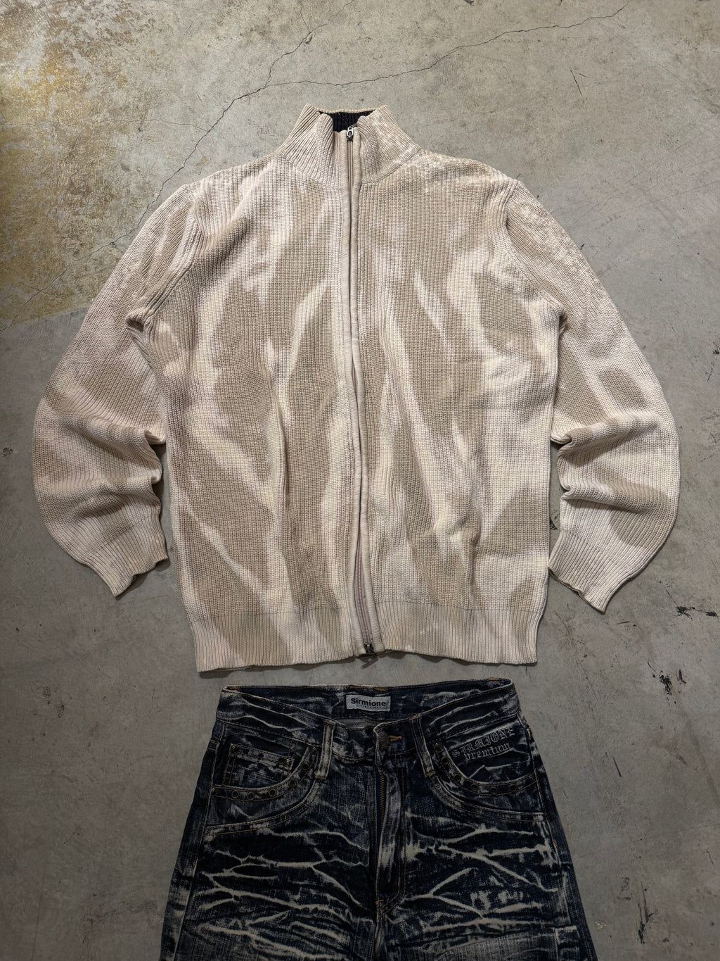 Vintage Full zip Up Knitted Bleached Sweater custom (L)