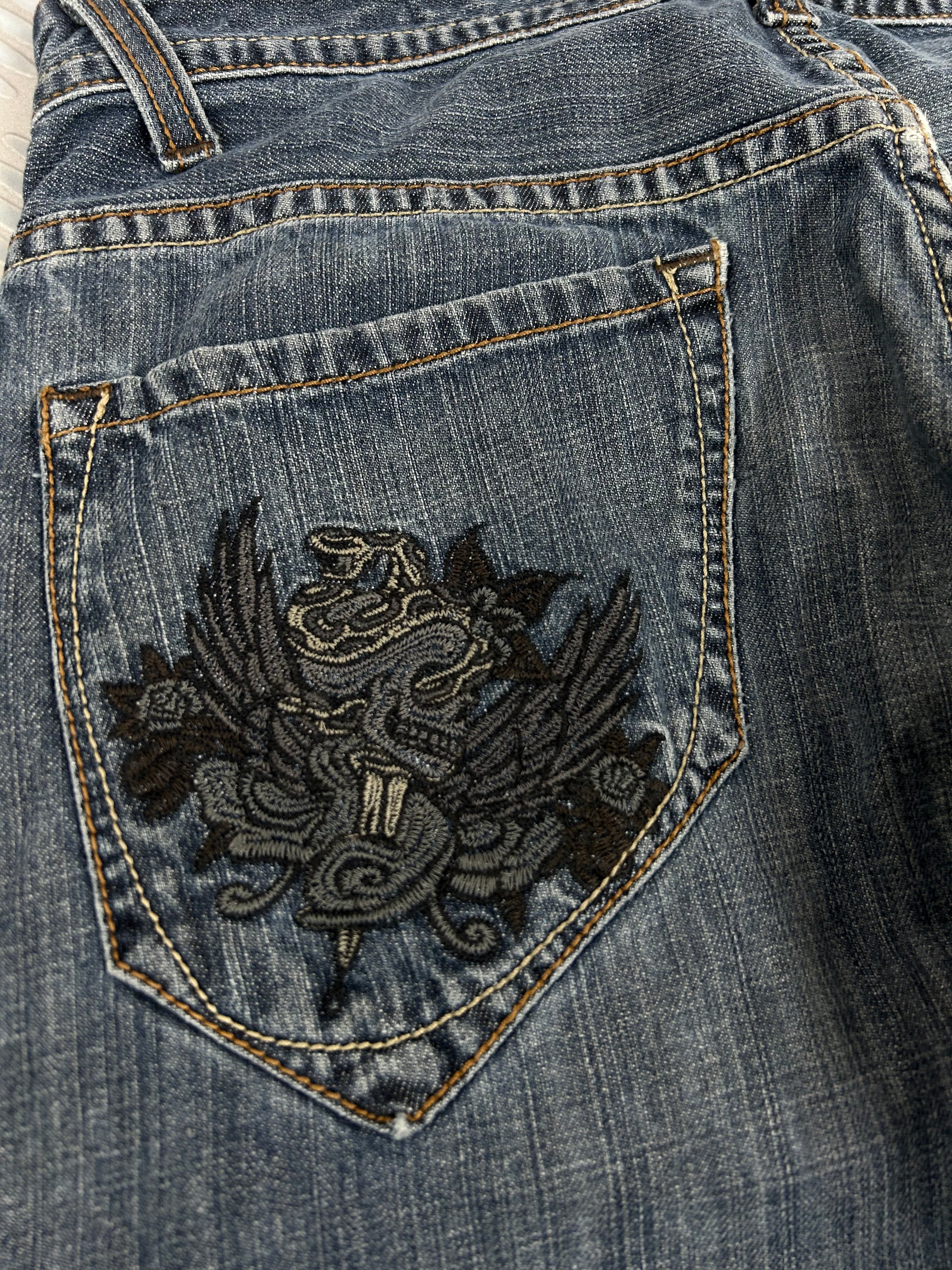 Y2K Japanese bootcut jeans embroidered row denim (M)