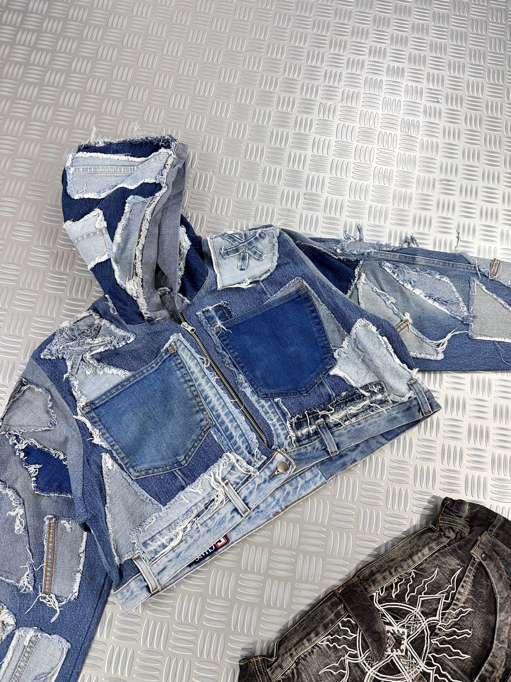 Hooded cropped bomber jacket handmade patchwork upcycled