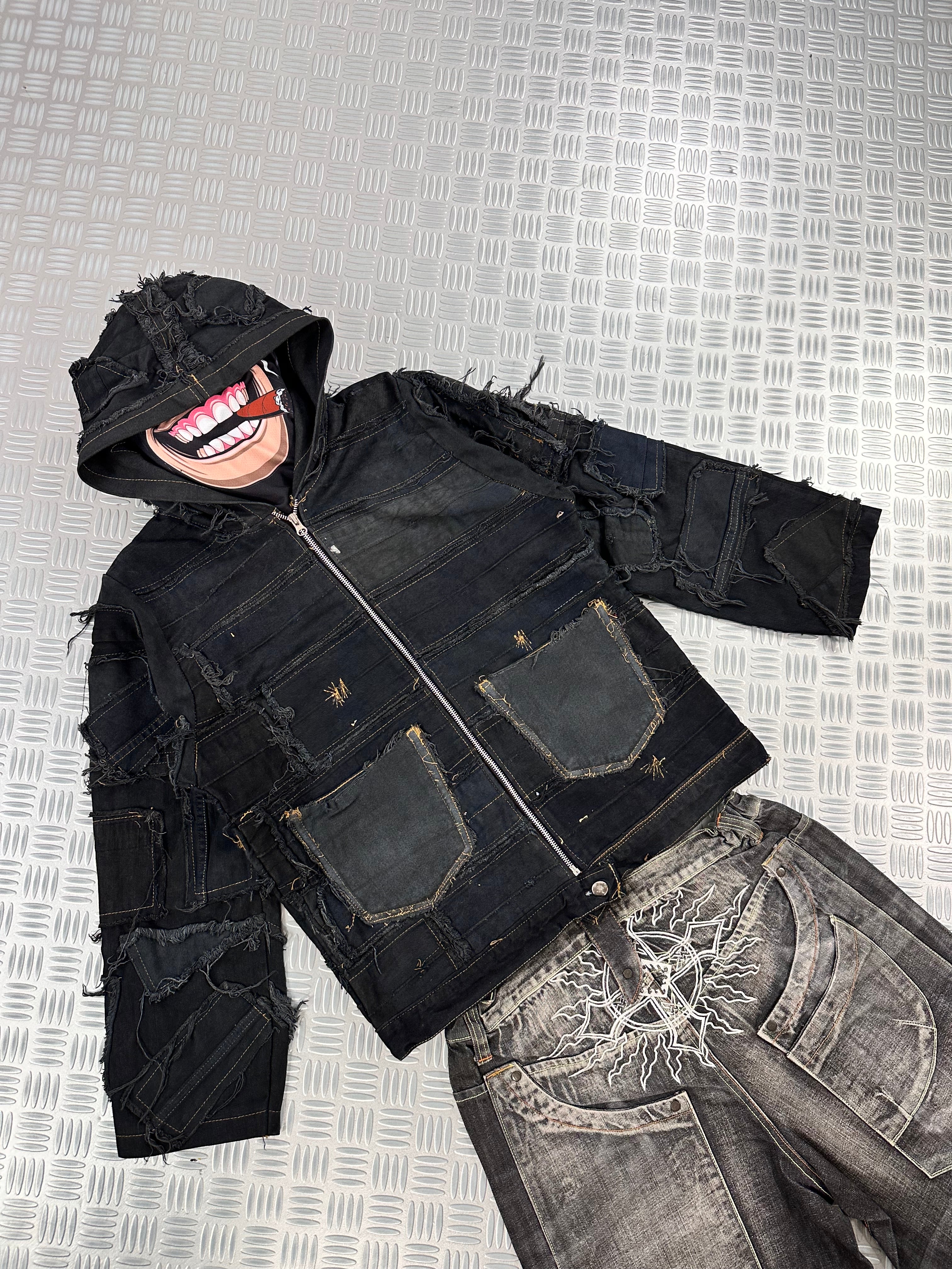 Hooded full zip up bomber jacket boxy fit upcycled patchwork